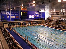 Vue d'une piscine depuis les tribunes.