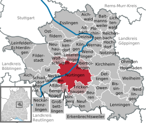 Poziția Nürtingen pe harta districtului Esslingen