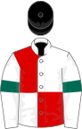 White and red (quartered), white sleeves, dark green armlets, black cap