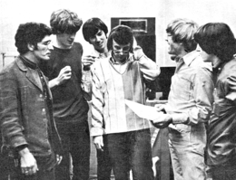 The Modern Folk Quartet at Gold Star Studios in 1965 with producer Phil Spector (center)