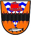 Rhyl Town Council (Wales): Tenny, a pile barruly wavy argent and azure, over all a fish weir sable, staked gules, in fess between a lymphad sail set, pennon and flags flying, gules, and in base a salmon naiant proper.