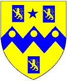 Arms of Henry Rolle of Petrockstowe: Or, on a fesse dancette between three billets azure each charged with a lion rampant of the first three bezants a mullet for difference