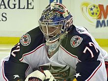 Photographie de Bobrovsky avec le maillot blanc des Blue Jackets de Columbus