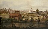 Barnhuskvarnarna på Kvarnbacken på 1780-talet. Nedan syns Stora Barnhuset och repslagarbanorna.