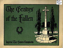 A wire image of a white Cross of Sacrifice on a background of green with the text "Graves of the Fallen" and "Imperial War Graves Commission".