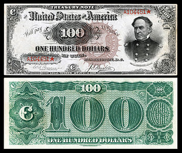 One-hundred-dollar Treasury Note from the series of 1890, by the Bureau of Engraving and Printing