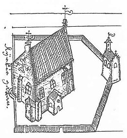 Кафедральный собор с колокольней (справа) в 1642 году