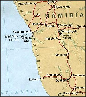 Map showing Walvis Bay as South African territory surrounded by Namibia.