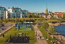 View towards St. Birgit Park (Pyhän Birgitan puisto) at Hernesaarenranta in Hernesaari in May 2022.