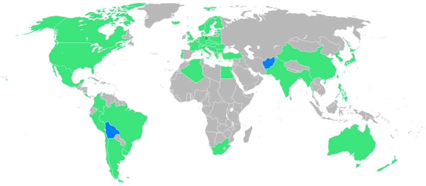 Nations participating for the first time shown in blue.