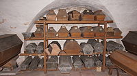A row of children coffins in the burial vault of Bad Homburg Castle, Germany.