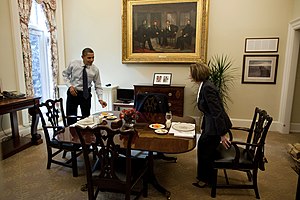 Barack Obama and Speaker Nancy Pelosi in the private dining room next to the study