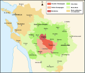 Carte des différentes zones de production du Cognac et du Pineau dans les deux Charentes : Saint-Palais-sur-Mer est en bois ordinaires