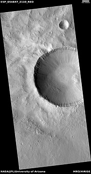 Wide view of crater with layers near the top, as seen by HiRISE under HiWish program