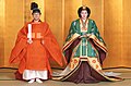 Image 63Newly-wed Emperor Naruhito, then Crown Prince, wearing a sokutai and Empress Masako, then-Crown Princess, wearing a jūnihitoe. Costumes of these styles have been worn by the Imperial family since the Heian period, when a unique Japanese style developed. (from Culture of Japan)