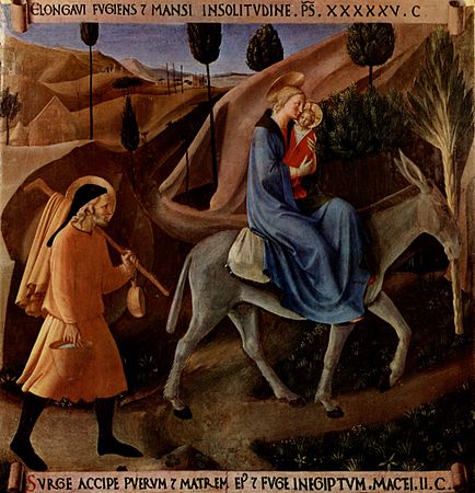 Fra Angelico (1450); o halo de Maria está em perspectiva e o de José, não. Jesus ainda tem o halo cruciforme.