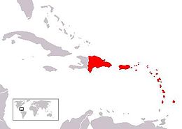 A map showing most of the Lesser Antilles in red. Puerto Rico and the Dominican Republic are also red.