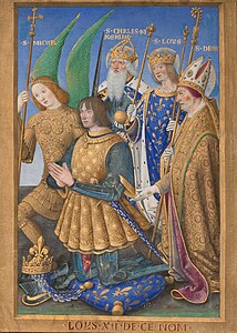 Variante inversée de la précédente, avec le roi entouré de saints (fragment du Livre d'heures de Louis XII, Getty Center).