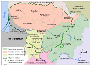 Liettuan alueellinen jako Venäjän keisarikunnan aikana 1843(1867)–1914. Vaalean vihreä alue= Vilnan kuvernementti, lohenpunainen= Kaunasin kuvernementti, vaalean keltainen= Suwałkin kuvernementti (1867-) ja harmaa= Itä-Preussi.