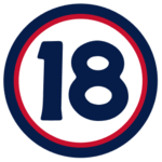 The number "18" in navy blue set against a white circle with a red and navy border