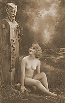 Postcard, Seated woman with a herma, 1920s