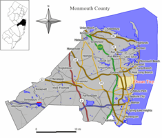 Location of Ocean Township in Monmouth County highlighted in yellow (right). Inset map: Location of Monmouth County in New Jersey highlighted in black (left).