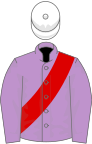 Mauve, red sash, white cap