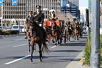 信任状捧呈式の馬車列。御者と車従は主馬班（宮内庁）の官吏、随衛の騎馬隊は皇宮警察（警察庁）の皇宮護衛官が務める[89][注釈 34]。