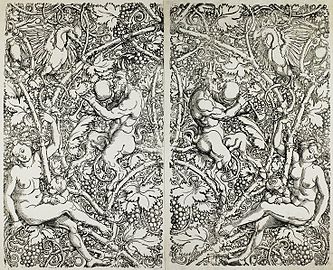 Nymphes et satyres dans un motif de vigne, estampes pour papier paint, Minneapolis Institute of Art, c. 1520-1525.