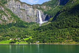 Waterfall in the mixed forest near Sognefjord in Luster Municipality