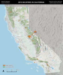 A map of wildfires in California in 2013, using Cal Fire data