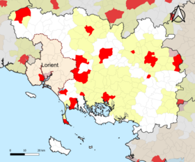 Localisation de l'aire d'attraction de Lorient dans le département du Morbihan.