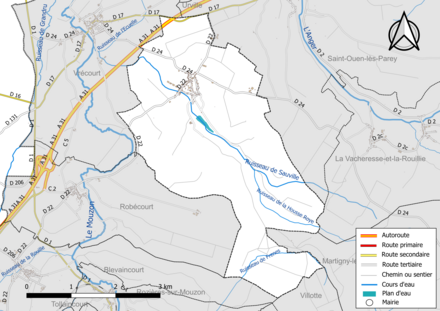 Carte en couleur présentant le réseau hydrographique de la commune