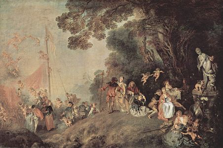 Peregrinaje a la Isla de Citera, de Antoine Watteau (1717). Evoca la isla sobre la que se levantaba un templo a Afrodita.