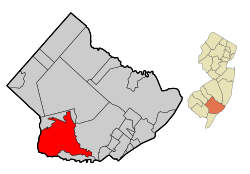 Location of Estell Manor in Atlantic County highlighted in red (left). Inset map: Location of Atlantic County in New Jersey highlighted in orange (right).