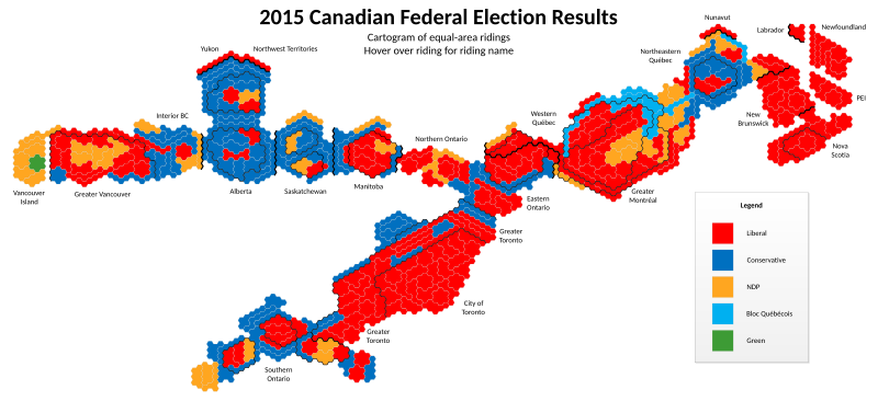 Seats won by riding - equal-area riding map