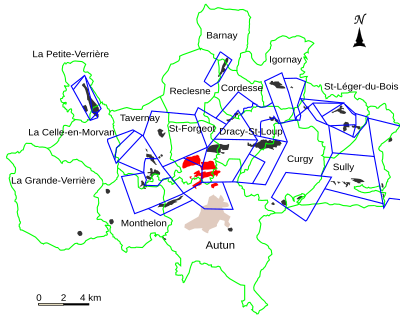 Ce plan présente les concessions du gisement de schiste d'Autun avec la zone exploité par la mine des Télots en rouge.