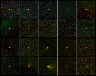 광역적외선탐사위성이 발견한 혜성 20개를 모은 사진.