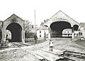 Original covered railroad bridge (left) and covered highway bridge (right)