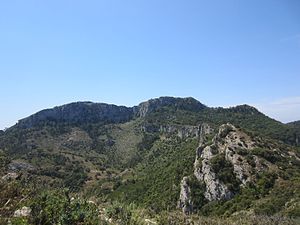 View of 942 m high Xàquera or La Creu de Santos, the highest summit of the range