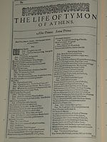 Faksimil av första sidan i The Life of Tymon of Athens från First Folio, publicerad 1623