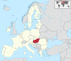 Localização da Hungria (em vermelho) na União Europeia (em amarelo)