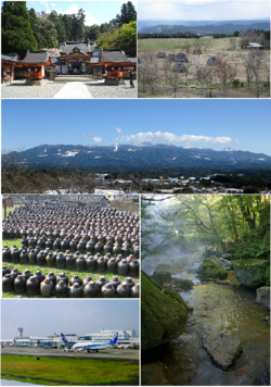 From top left: Kirishima shrine, Uenohara site, Mount Kirishima from Maruoka, Producing black vinegar at Fukuyama, Ryokukeitouen of Eino-o Onsen, Kagoshima Airport
