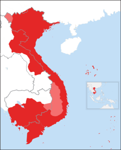 Vietnam at its greatest extent (1834–1841) under the latter reign of Emperor Minh Mạng, including Eastern Cambodia (direct rule) and other polities under Vietnamese sphere of influence (light red).