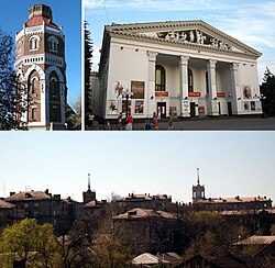 Da esquerda para direita: Antiga torre de água, Teatro Acadêmico Regional de Drama de Mariupol (destruido em 2022) e panorama da cidade histórica.