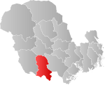 Mapa do condado de Vestfold og Telemark com Nissedal em destaque.