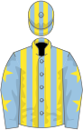 Light blue and yellow stripes, yellow stars on sleeves, yellow and light blue striped cap