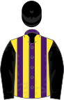 Purple and yellow stripes, black sleeves and cap