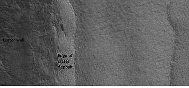 Close-up of patterned ground in a crater deposit, as seen by HiRISE under the HiWish program. Resolution is about 30 cm, so one could see a kitchen table if it were in the picture.