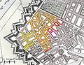 Buildings which burned are shown in yellow/orange on this map of Copenhagen in 1728 by Joachim Hassing.